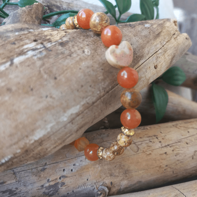 Bracelet en Jaspe paysage, Aventurine orange , Agate rouge Cornaline et son cœur en  Agate Crazy Lace 