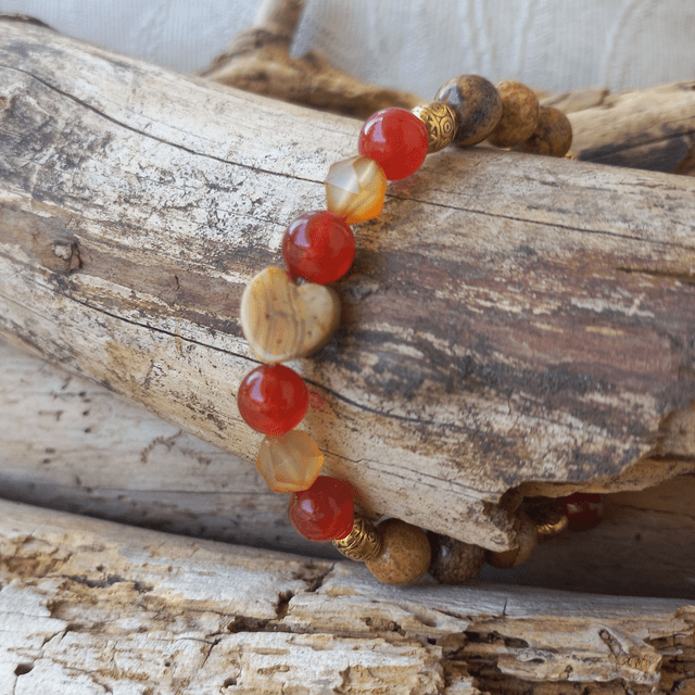 Bracelet en Jaspe paysage, Cornaline et son coeur en Agate Crazy Lace