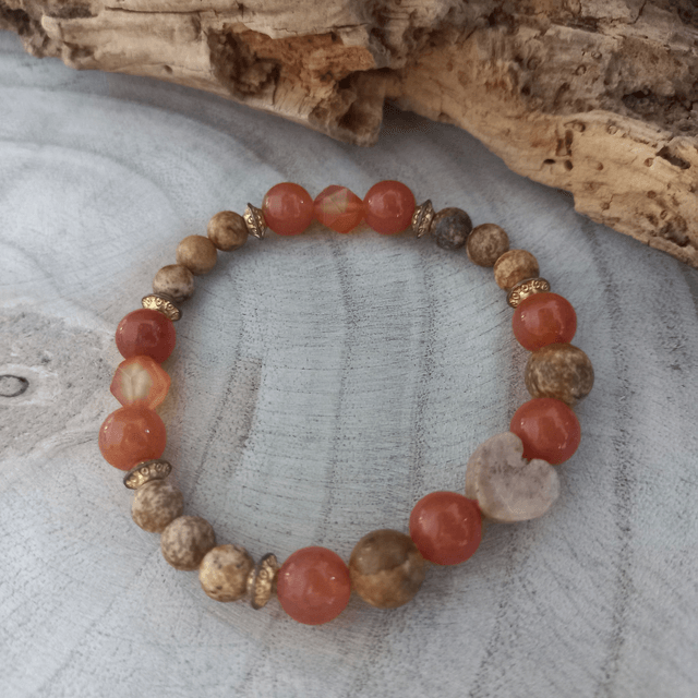 Bracelet en Jaspe paysage, Aventurine orange , Agate rouge Cornaline et son cœur en  Agate Crazy Lace 